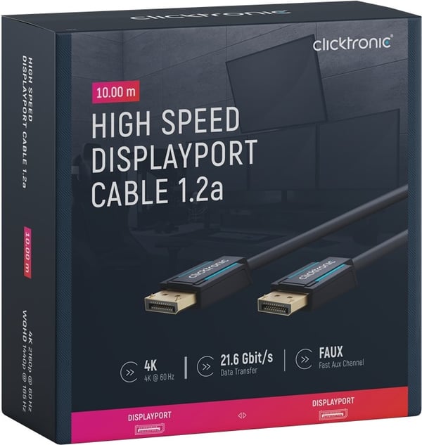 ClickTronic DisplayPort™-kabel Premium-kabel | 1x DisplayPort™-kontakt 1x DisplayPort™-kontakt 1x DisplayPort™-kontakt | 10,0 m | UHD 4K @ 60 Hz