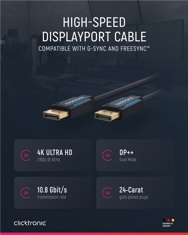 ClickTronic DisplayPort™-kabel Premium-kabel | 1x DisplayPort™-kontakt 1x DisplayPort™-kontakt 1x DisplayPort™-kontakt | 15,0 m | UHD 4K @ 60 Hz