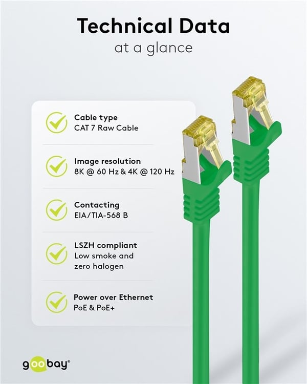Goobay RJ45 netværkskabel S/FTP (PiMF), 500 MHz, med CAT 7 råkabel, grøn, 2 m LSZH halogenfri kabelkappe, kobber, RJ45-hanstik (CAT 6A)