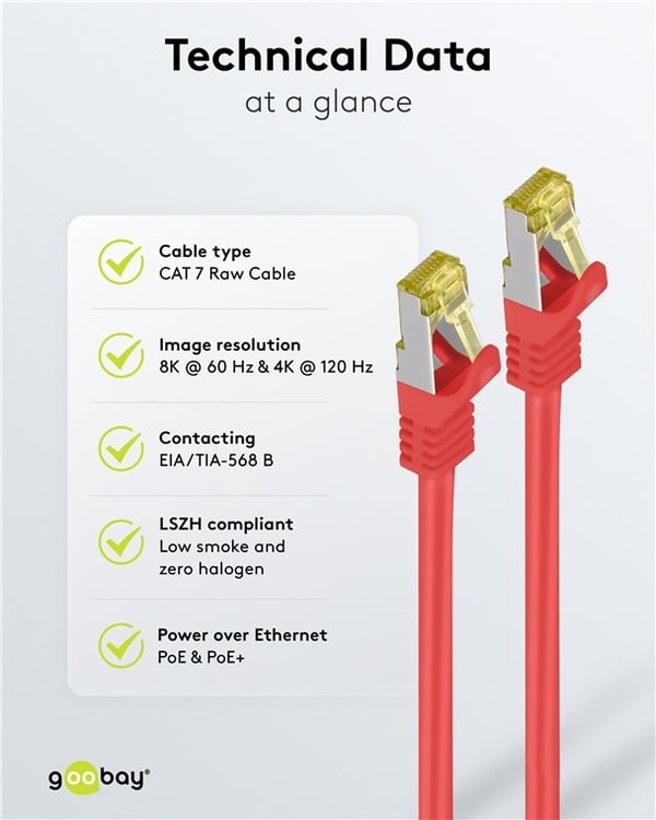 Goobay RJ45 netværkskabel S/FTP (PiMF), 500 MHz, med CAT 7 råkabel, rød, 30 m LSZH halogenfri kabelkappe, kobber, RJ45-hanstik (CAT 6A)