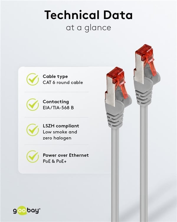 Goobay Kretskabel CAT 6, S/FTP (PiMF), grå, 0,25 m kobberleder (CU), halogenfri kappe (LSZH)