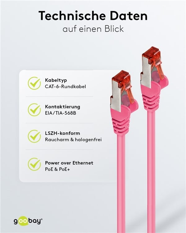 Goobay Netværkskabel CAT 6, S/FTP (PiMF), magenta, 30 m kobberleder (CU), halogenfri kabelkappe (LSZH)