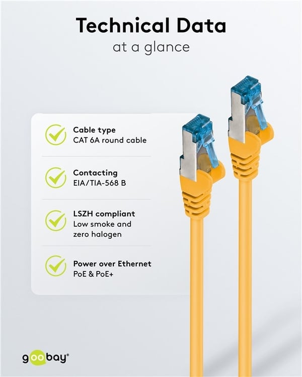 Goobay Kretskabel CAT 6A, S/FTP (PiMF), gul, 0,5 m kobberleder (CU), halogenfri kabelmantel (LSZH)
