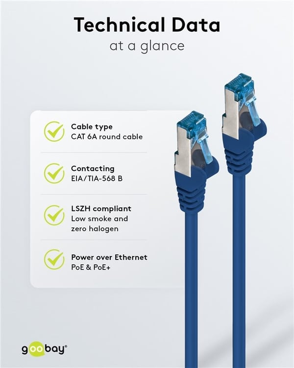 Goobay Patchkabel CAT 6A, S/FTP (PiMF), blå, 0,25 m opparledare (CU), halogenfri kabelhölje (LSZH)