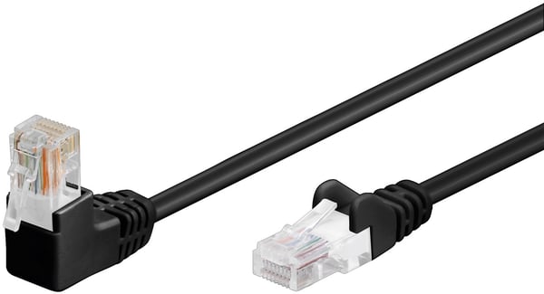 Goobay Patchkabel CAT 5e, 1x 90° vinklad, U/UTP, svart, 3 m kopparklädd aluminiumtråd (CCA), 1x RJ45-plugg 90 ° (8P8C)