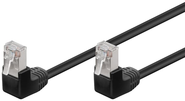 Goobay Kretskabel CAT 5e, 2x 90° vinklet, F/UTP, svart, 2 m kobberbelagt aluminiumtråd (CCA), 2x RJ45-plugg 90° (8P8C)