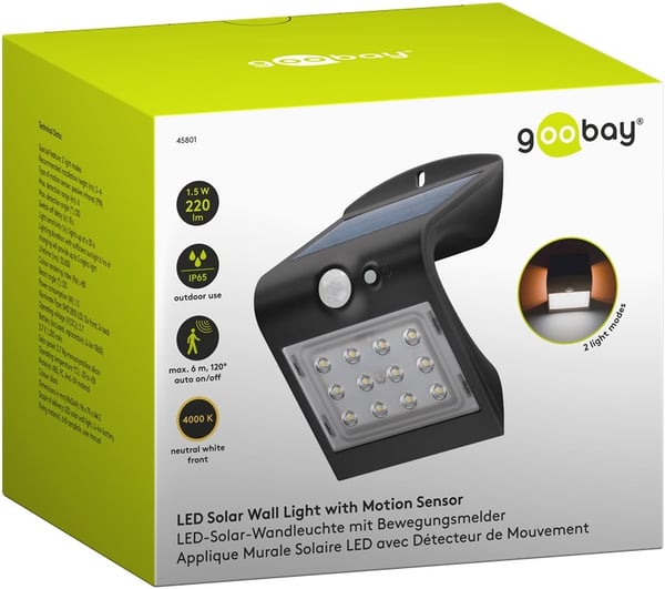 Goobay LED-solcelle-væglampe med bevægelsessensor, 1,5 W neutral hvid lysløsning til indgange, carporte og trapper