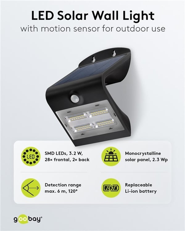 Goobay LED-solcellelampe med bevegelsesdetektor, 3,2 W belysning for inngangspartier, garasjeporter og trapper