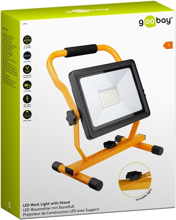 Goobay LED-konstruksjonslyskaster med sokkel, 50 W med 4250 lm og kjølig hvitt lys (6500 K), egnet for innendørs og utendørs bruk (IP65)