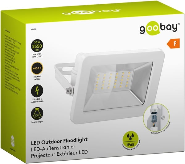 Goobay Utendørs LED-lyskaster, 30 W med 2550 lm, nøytralt hvitt lys (4000 K) og M16-kabelgjennomføring, egnet for utendørs bruk (IP65)