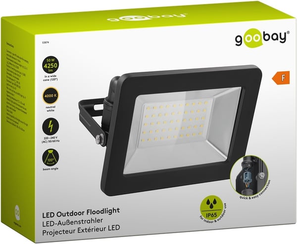 Goobay Utendørs LED-lyskaster, 50 W med 4250 lm, nøytralt hvitt lys (4000 K) og M16-kabelgjennomføring, egnet for utendørs bruk (IP65)