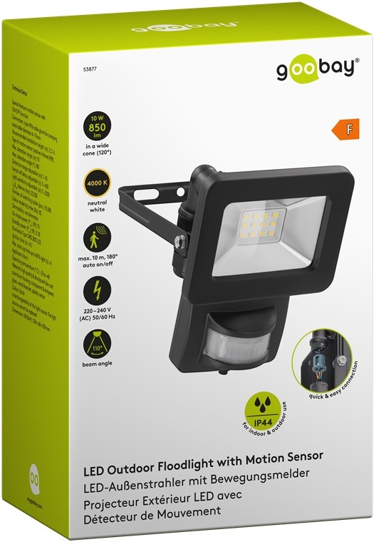 Goobay LED-strålkastare för utomhusbruk, 10 W, med rörelsedetektor med 850 lm, neutralt vitt ljus (4000 K), PIR-sensor med ON/OFF-funktion och M16 kab