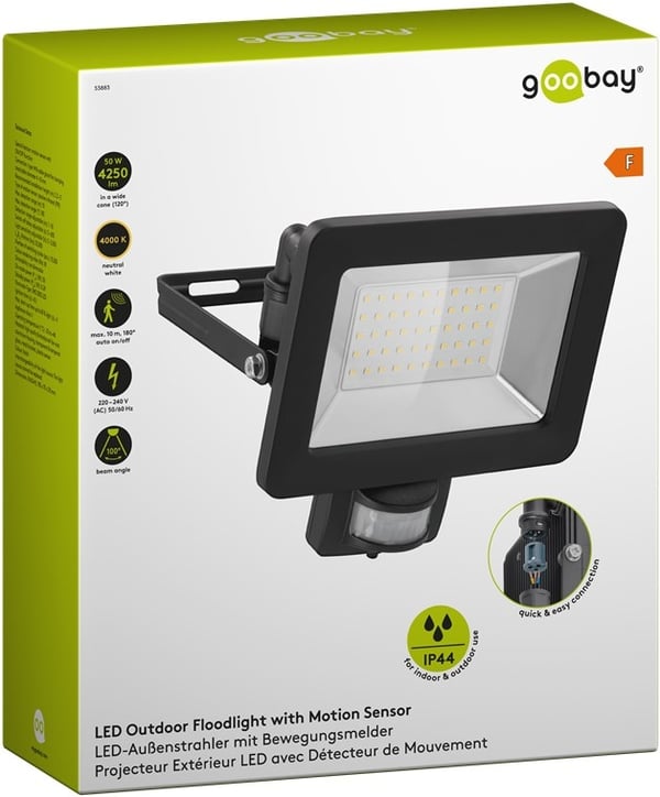 Goobay LED-strålkastare för utomhusbruk, 50 W, med rörelsedetektor med 4250 lm, neutralt vitt ljus (4000 K), PIR-sensor med ON/OFF-funktion och M16 ka