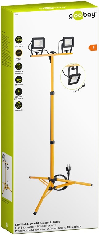 Goobay LED-konstruksjonslyskaster med teleskopstativ, 2x 20 W med totalt 3400 lm og nøytralhvitt lys (4000 K), egnet for innendørs og utendørs bruk (I