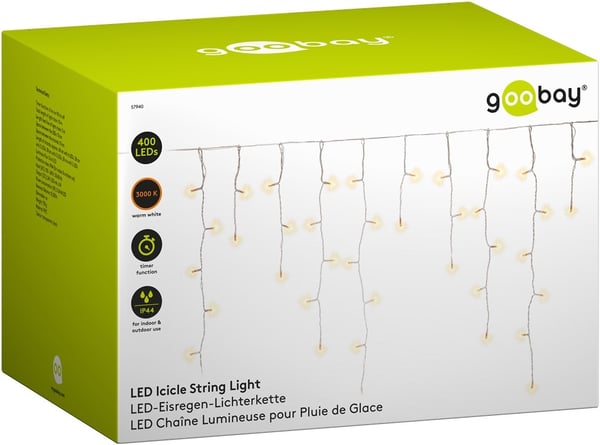 Goobay 400er LED isregn lyskæde med timerfunktion og 24 V udendørs transformator, varm hvid (3000 K), til indendørs og udendørs brug (IP44)