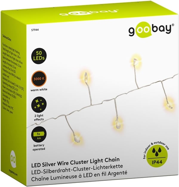 Goobay 50 LED sølvfarget lyskjede med 2 lysmoduser, varmhvit (3000 K), batteridrevet, for innendørs og utendørs bruk (IP44)