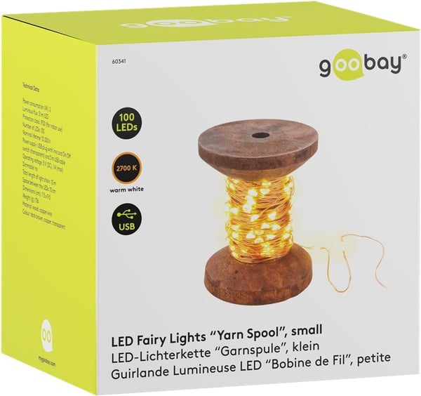 Goobay LED-lys "Bobin", liten med 3 m USB-kabel, 10 m lyssløyfe med 100 mikro-LED i varmhvit (2700 K) og bryter (av/på)