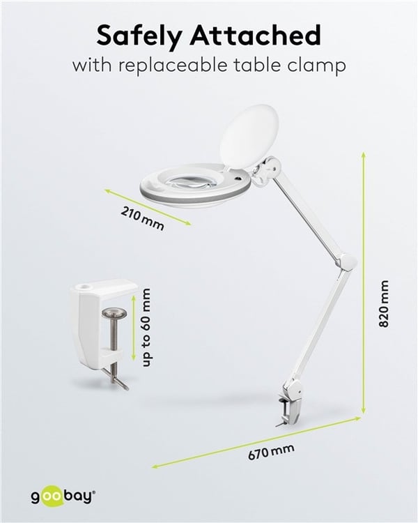 Goobay LED-forstørrelseslampe med klips, 8 W, hvit 650 lm, 127 mm krystallglasslinse, 1,75x forstørrelse, 3 dioptrier