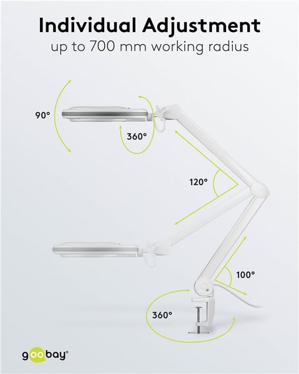 Goobay LED-forstørrelseslampe med klips, 8 W, hvit 650 lm, 127 mm krystallglasslinse, 1,75x forstørrelse, 3 dioptrier