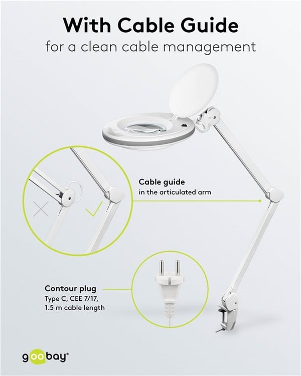 Goobay LED-forstørrelseslampe med klips, 8 W, hvit 650 lm, 127 mm krystallglasslinse, 1,75x forstørrelse, 3 dioptrier