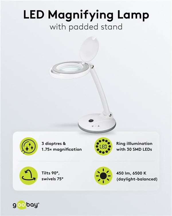 Goobay LED-förstoringslampa med stativ, 6 W, vit 80-450 lm, dimbar, 100 mm glaslins, 1,75x förstoring, 3 dioptrier