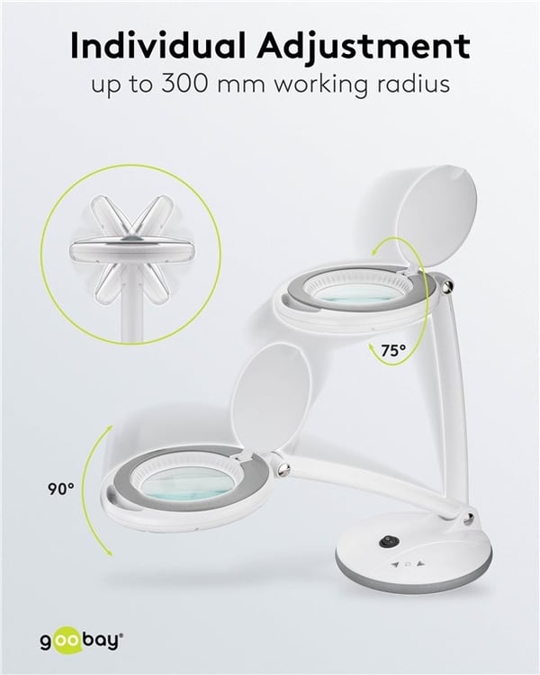 Goobay LED-förstoringslampa med stativ, 6 W, vit 80-450 lm, dimbar, 100 mm glaslins, 1,75x förstoring, 3 dioptrier