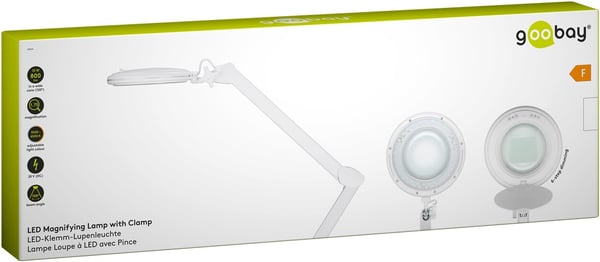 Goobay LED-forstørrelseslampe med klips, 10 W, hvit 800 lm, justerbar lysstyrke og lysfarge, 127 mm glasslinse, 1,75x forstørrelse, 3 dioptrier