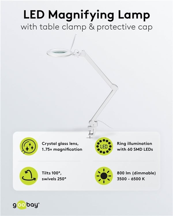 Goobay LED-forstørrelseslampe med klips, 10 W, hvit 800 lm, justerbar lysstyrke og lysfarge, 127 mm glasslinse, 1,75x forstørrelse, 3 dioptrier