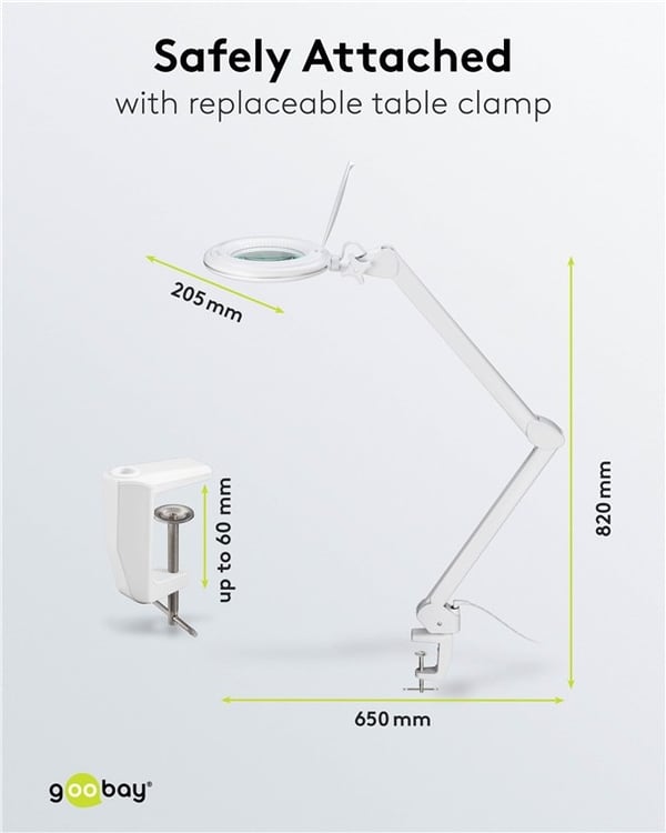 Goobay LED-forstørrelseslampe med klips, 10 W, hvit 800 lm, justerbar lysstyrke og lysfarge, 127 mm glasslinse, 1,75x forstørrelse, 3 dioptrier