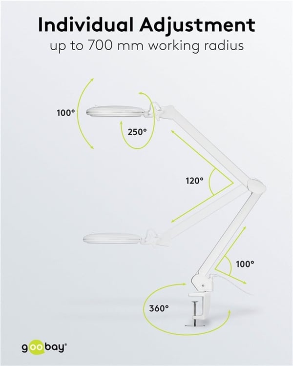 Goobay LED-forstørrelseslampe med klips, 10 W, hvit 800 lm, justerbar lysstyrke og lysfarge, 127 mm glasslinse, 1,75x forstørrelse, 3 dioptrier