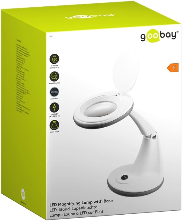 Goobay LED-luplampe med fod, 6 W, hvid 450 lm, 100 mm glaslinse, 1,75x forstørrelse, 3 dioptrier