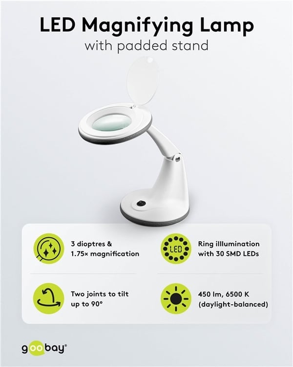 Goobay LED-luplampe med fod, 6 W, hvid 450 lm, 100 mm glaslinse, 1,75x forstørrelse, 3 dioptrier