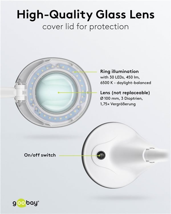Goobay LED-luplampe med fod, 6 W, hvid 450 lm, 100 mm glaslinse, 1,75x forstørrelse, 3 dioptrier