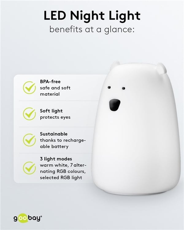 Goobay LED-nattlys "Isbjørn" varmt hvitt lys og 7 fargeskift (RGB-lys), med 3 lysmoduser, berøringssensor og Li-ion-batteri (3,7 V/1200 mAh), laget av