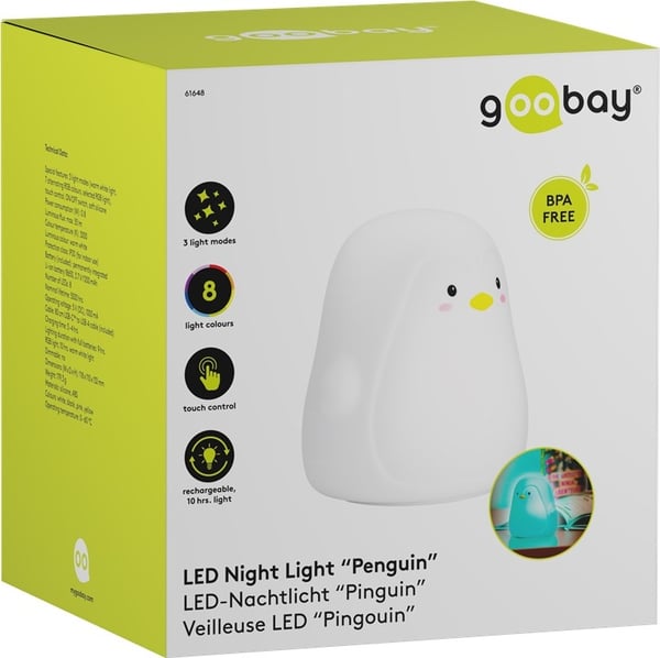 Goobay LED-nattlys "Penguin" varmt hvitt lys og 7 fargeskift (RGB-lys), med 3 lysmoduser, berøringssensor og Li-ion-batteri (3,7 V/1200 mAh), laget av