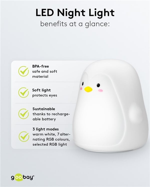 Goobay LED-nattlys "Penguin" varmt hvitt lys og 7 fargeskift (RGB-lys), med 3 lysmoduser, berøringssensor og Li-ion-batteri (3,7 V/1200 mAh), laget av