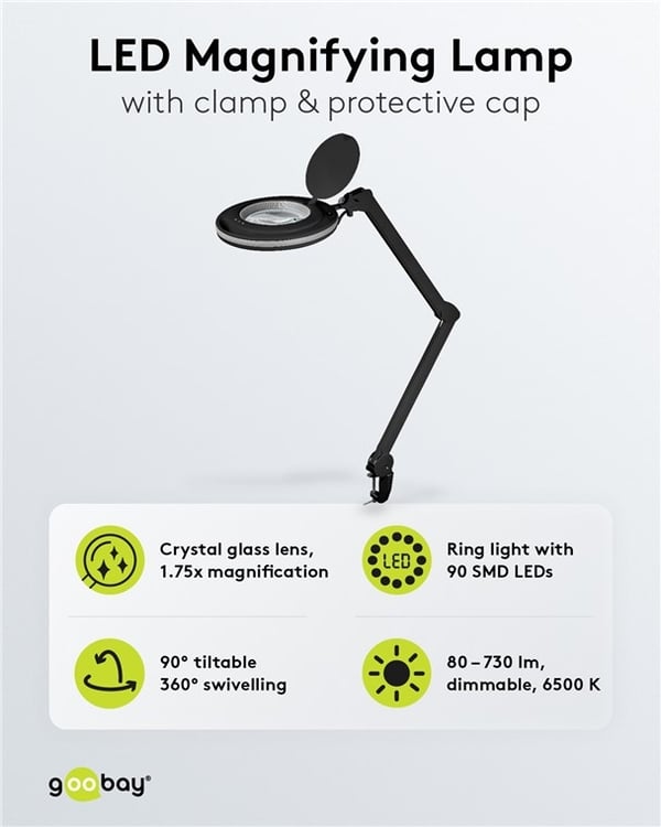 Goobay LED-forstørrelseslampe med klips, 9 W, svart 80-730 lm, dimbar, 127 mm krystallglasslinse, 1,75x forstørrelse, 3 dioptrier
