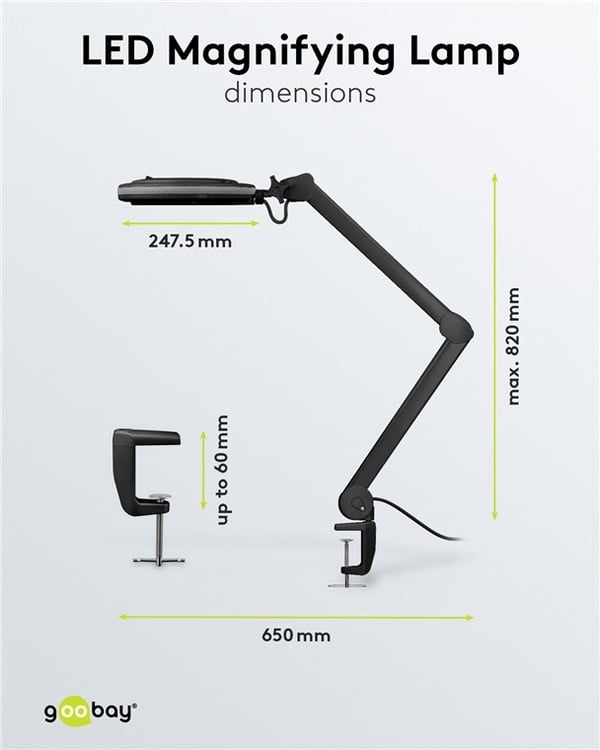 Goobay LED-forstørrelseslampe med klips, 9 W, svart 80-730 lm, dimbar, 127 mm krystallglasslinse, 1,75x forstørrelse, 3 dioptrier