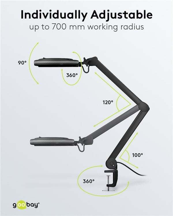 Goobay LED-forstørrelseslampe med klips, 9 W, svart 80-730 lm, dimbar, 127 mm krystallglasslinse, 1,75x forstørrelse, 3 dioptrier