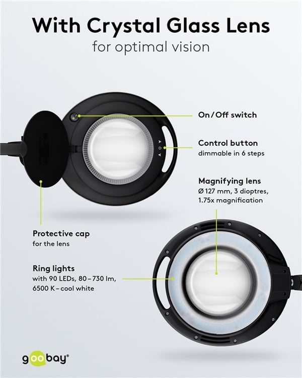 Goobay LED-forstørrelseslampe med klips, 9 W, svart 80-730 lm, dimbar, 127 mm krystallglasslinse, 1,75x forstørrelse, 3 dioptrier