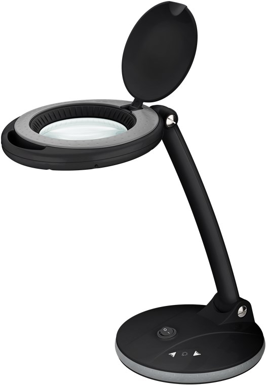 Goobay LED-forstørrelseslampe med stativ, 6 W, svart 80-450 lm, dimbar, 100 mm glasslinse, 1,75x forstørrelse, 3 dioptrier