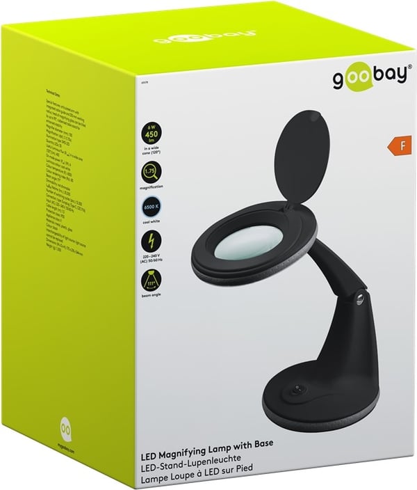 Goobay LED-forstørrelseslampe med stativ, 6 W, svart 450 lm, 100 mm glasslinse, 1,75x forstørrelse, 3 dioptrier