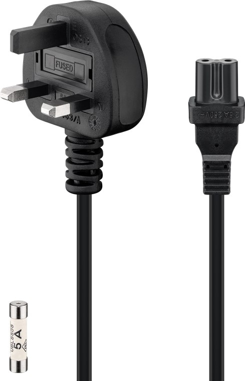 Goobay Kabel för nätanslutning i Storbritannien, 1,8 m, svart 3-polig brittisk kontakt (typ G, BS 1363) > apparatuttag C7