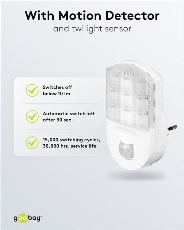 Goobay LED-nattlys med bevegelsesdetektor kaldhvit, 120° deteksjon, 5 m rekkevidde, for innendørs bruk (IP20)