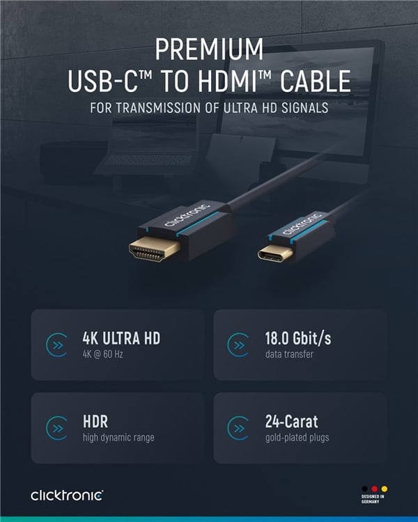 ClickTronic Adapterkabel från USB-C™ till HDMI™ Premiumkabel | USB-C™-kontakt  HDMI™-kontakt | 1,0 m | 4K @ 60 Hz