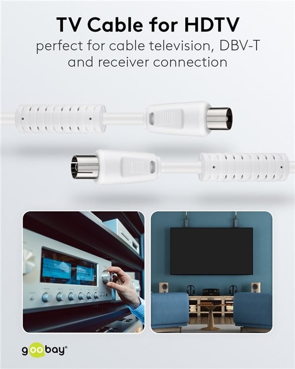 Goobay Antennekabel med ferritt (80 dB), dobbeltskjermet koaksialplugg > koaksialplugg (helskjermet), 2,5 m