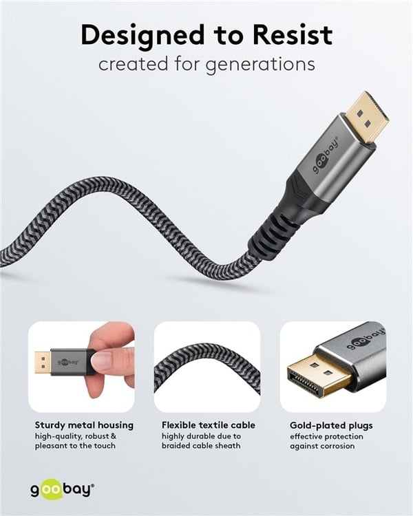 Goobay DisplayPort-kabel, DP 1.4, 3 m, Sharkskin Grey Displayport™-plugg > Displayport™-plugg