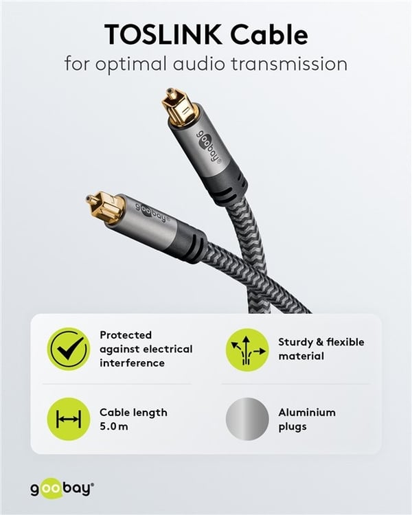 Goobay TOSLINK-kabel, 5 m, Sharkskin Grey Toslink-hanstik > Toslink-hanstik