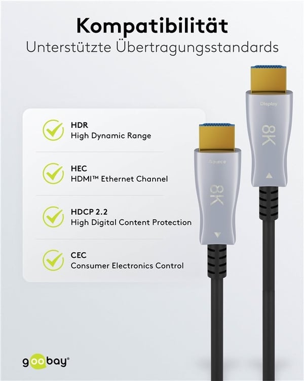 Goobay Ultrahøyhastighets optisk hybrid HDMI™-kabel med Ethernet (AOC) høyhastighetskabel, 8K @ 60 Hz/ 4K @ 120 Hz, for lange overføringsavstander, 70