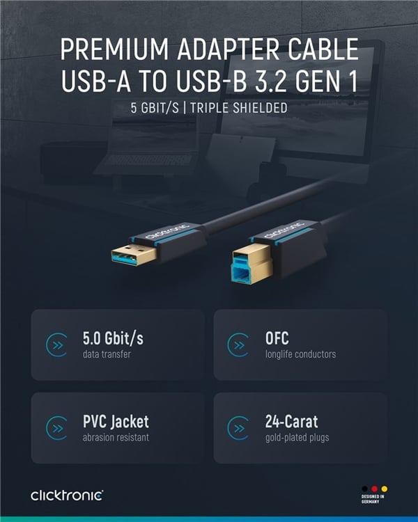 ClickTronic Adapterkabel fra USB-A til USB-B 3.0 Premium-kabel | USB A-kontakt USB B 3.0-kontakt | 0,5 m | 5 Gbit/s